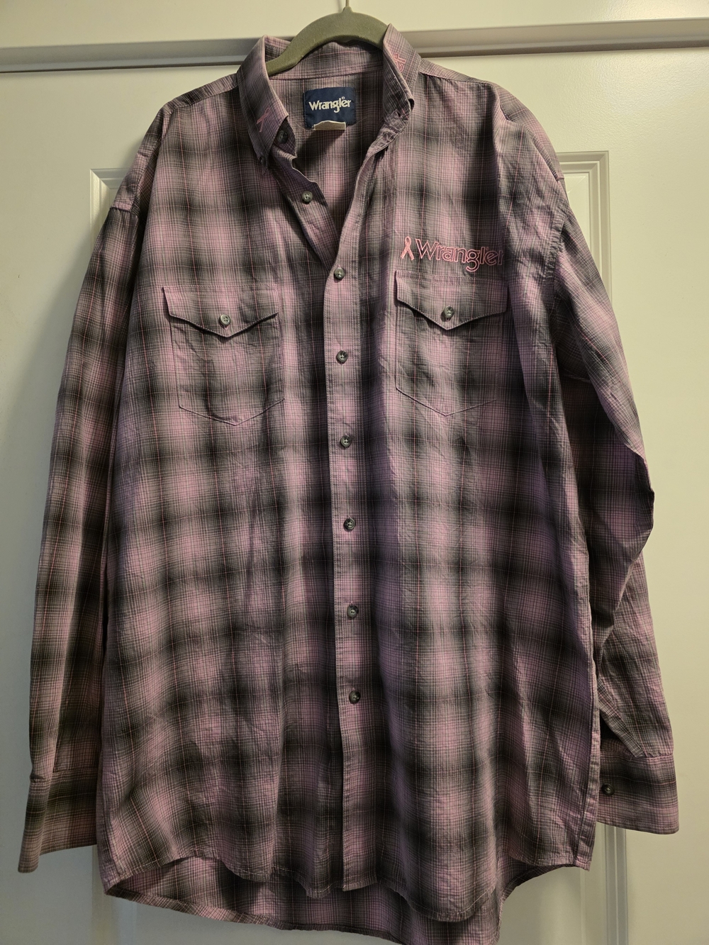 Wrangler Pink Plaid Long-Sleeve Button Down Shirt ( Breastcare Awareness)